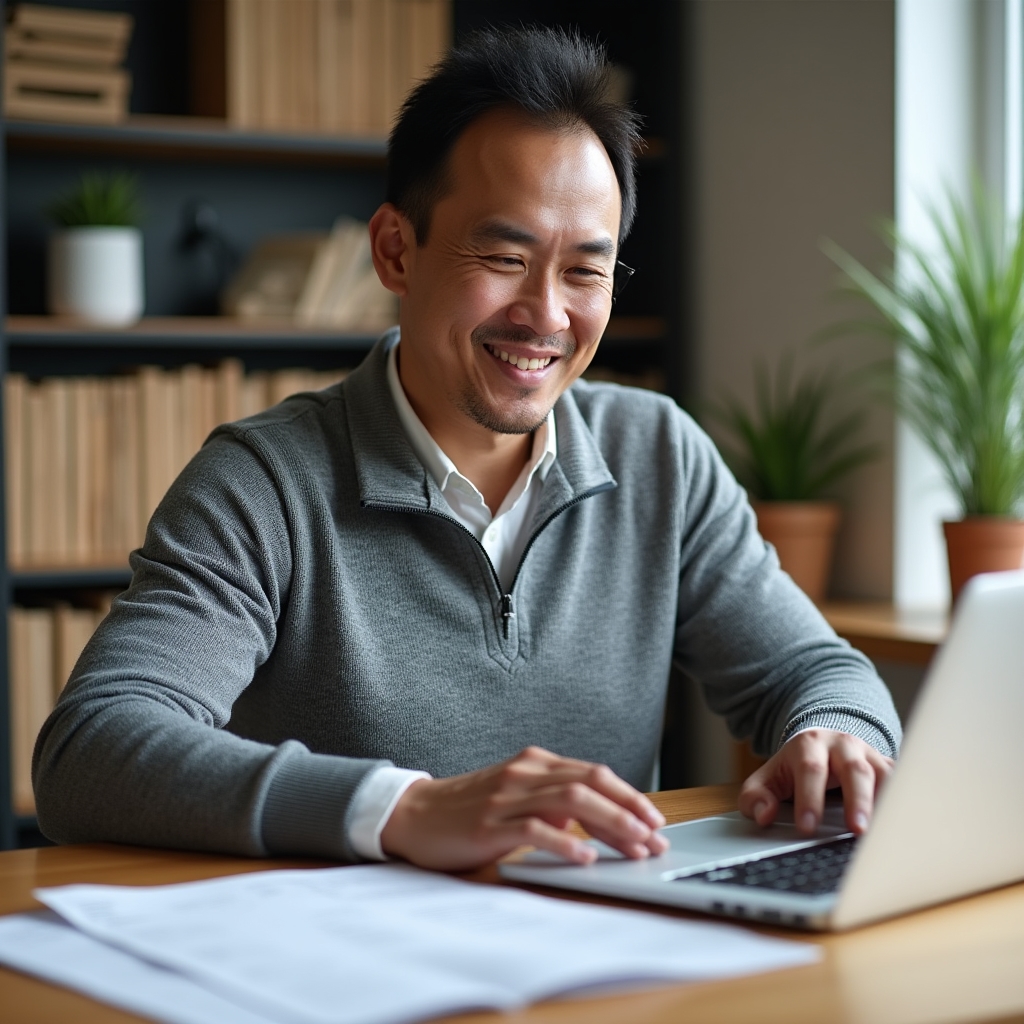 Builder reviewing an end-of-week job completion report on a laptop in an office