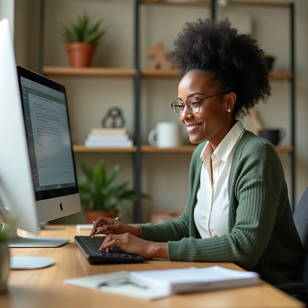 Office coordinator sending client updates from a desk with dual monitors