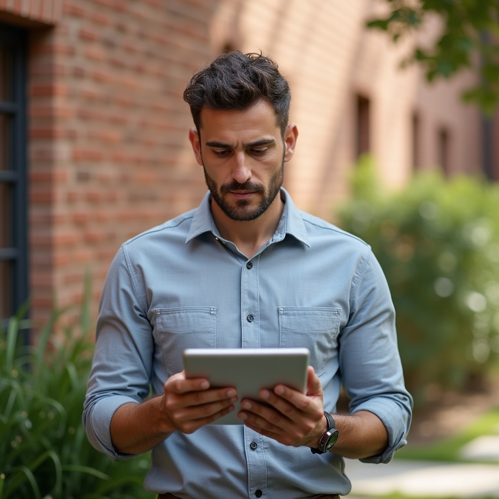 Tradesperson reviewing site photo documentation on a tablet outside a house