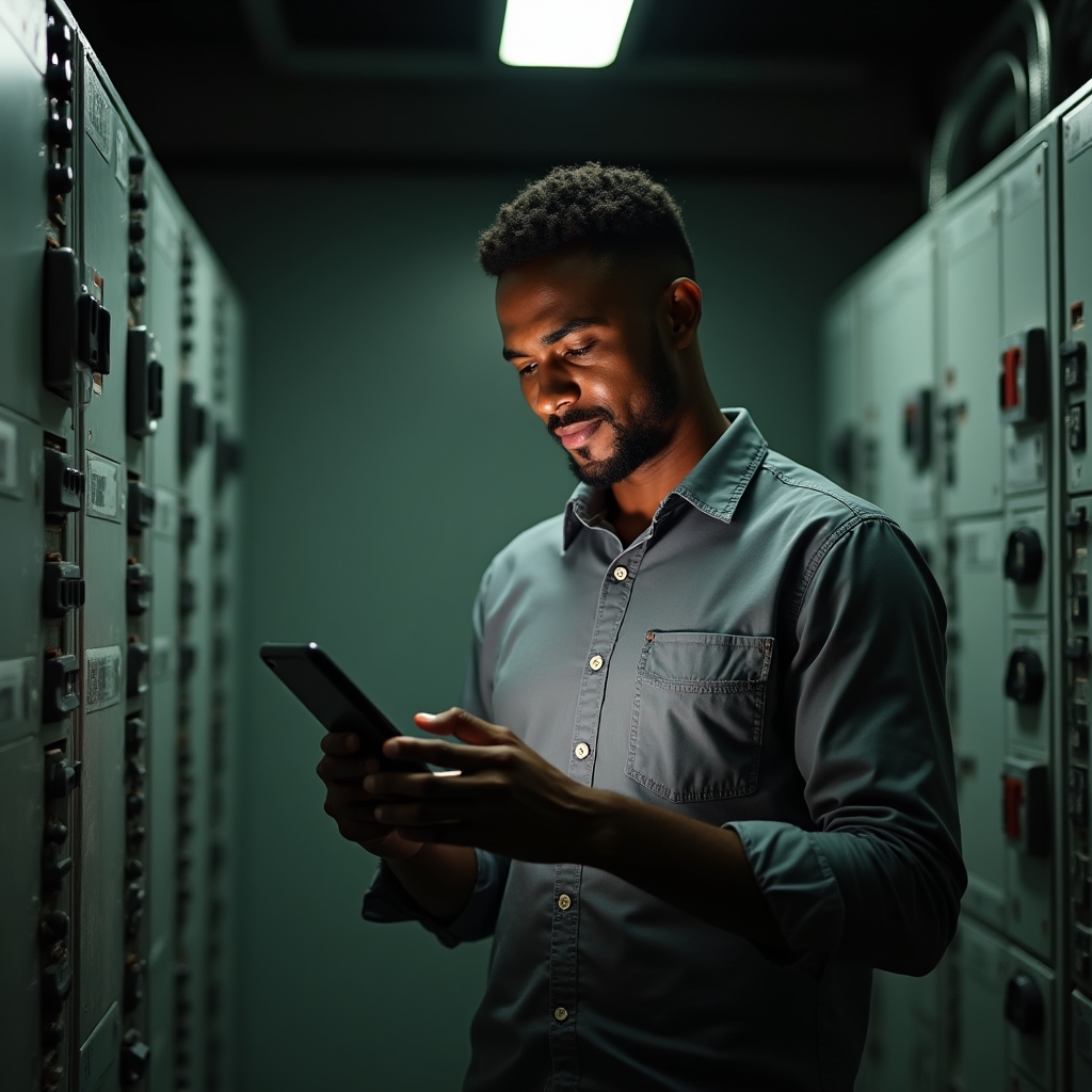 Electrician checking a job schedule on a mobile device inside a switchboard room