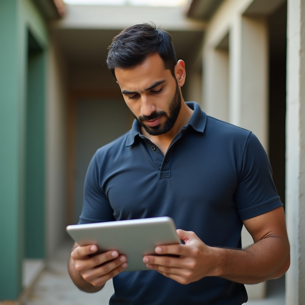 Tradesperson reviewing a job schedule on a tablet at a residential worksite