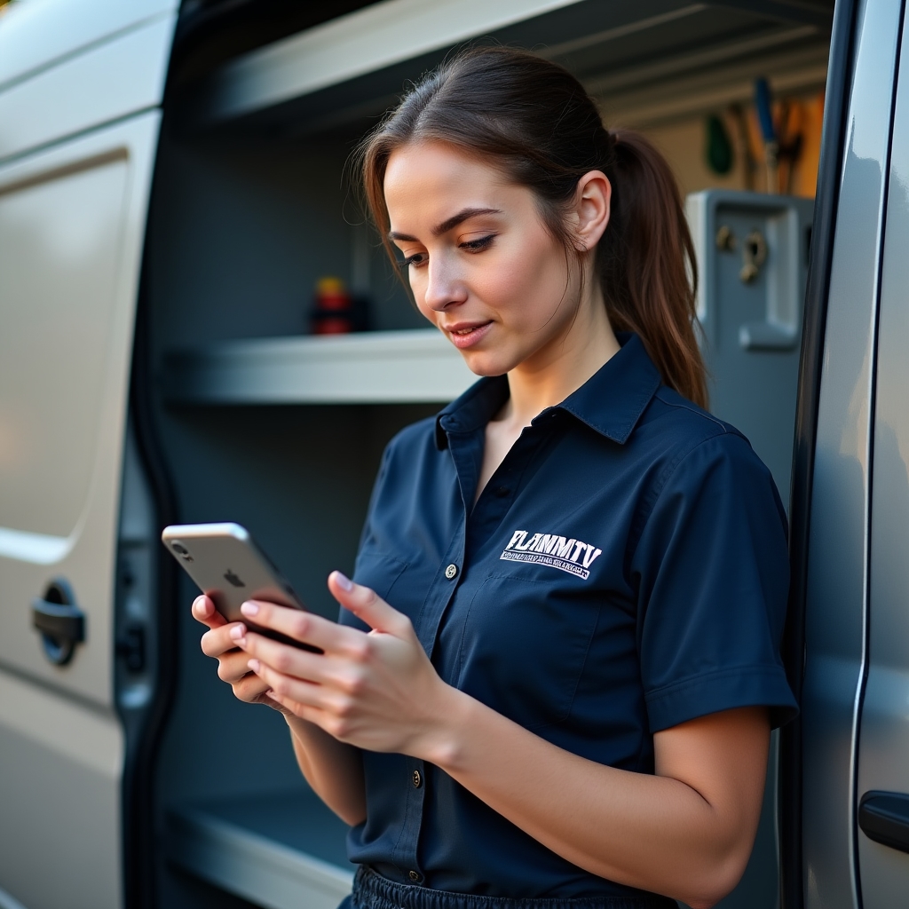 Plumber reviewing team availability calendar before heading to the next job