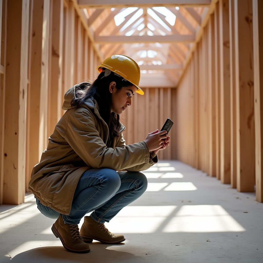 Builder photographing site progress with a phone for job documentation records
