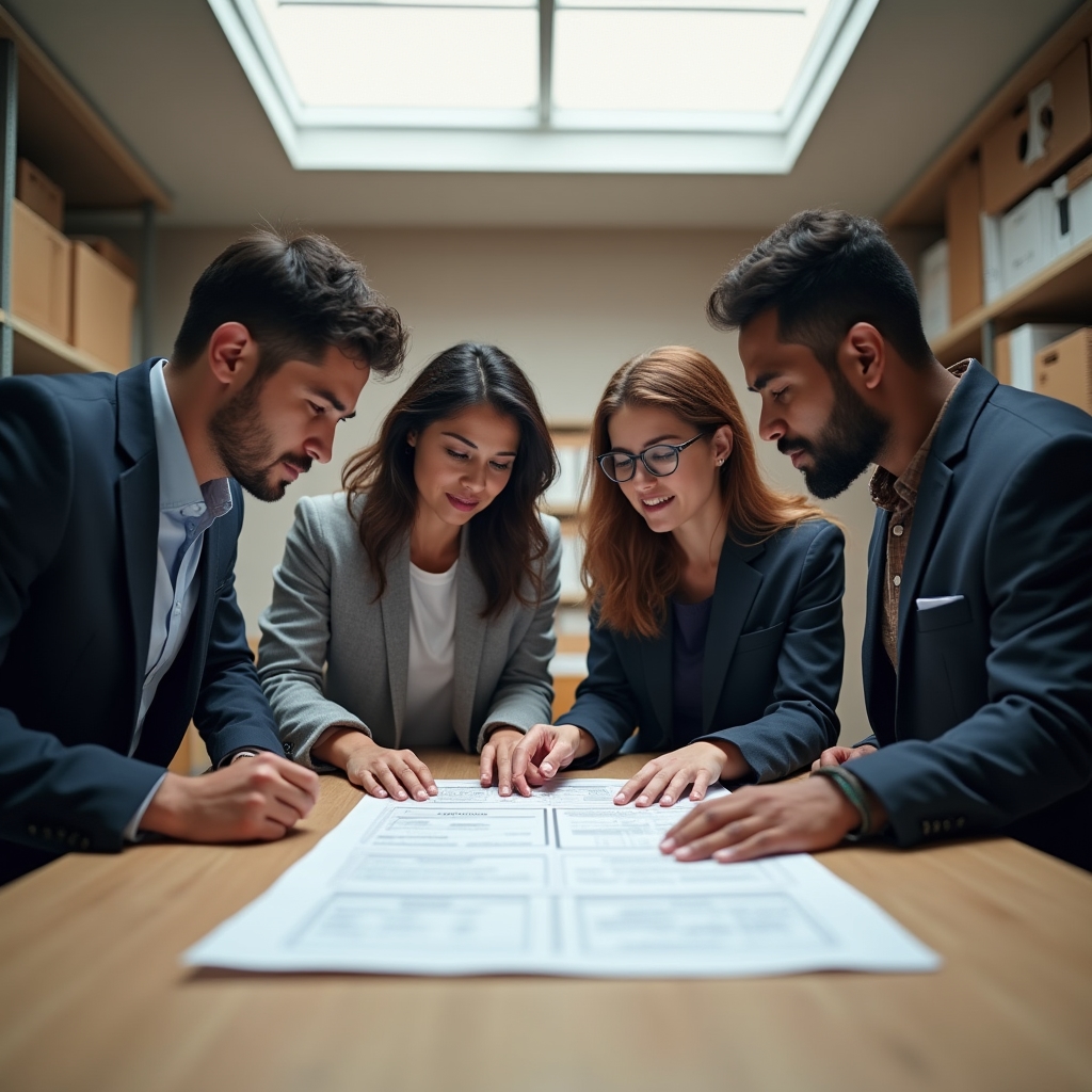 Small trade business team gathered around a table planning the week's jobs