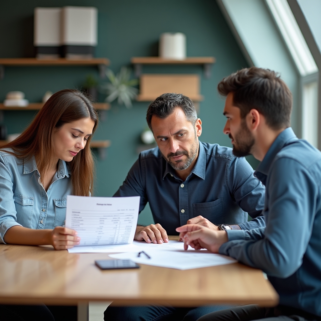 Small team reviewing a printed weekly job completion report during a Monday meeting